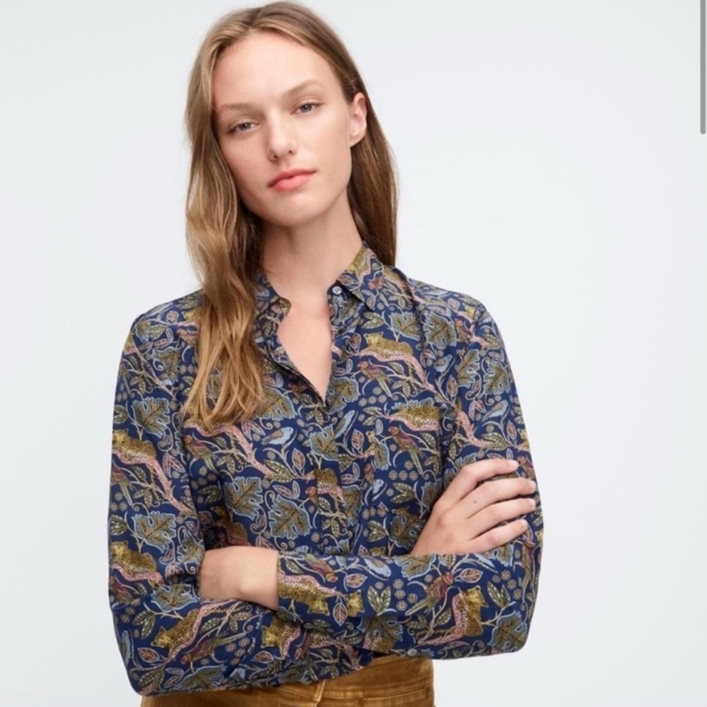 J. CREW •SOLD OUT• 100% Silk Button-up Shirt In Botanical Cheetah Print Size 8